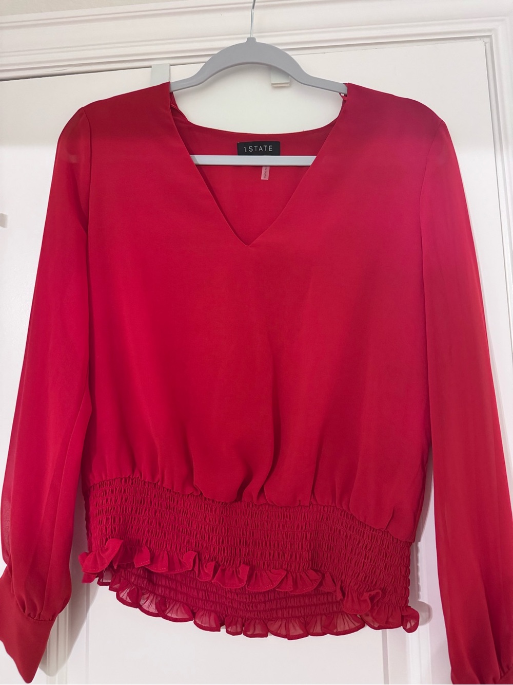 1. State Red V-Neck Smocked-Hem Long Sleeve Blouse